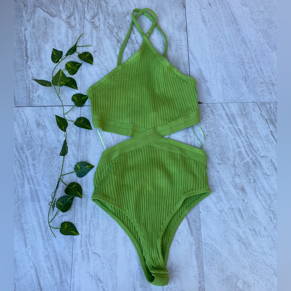 Zara Bodysuit NWT BRAT Green MEDIUM Cutout One Piece Thong Halter Top y2k 90s